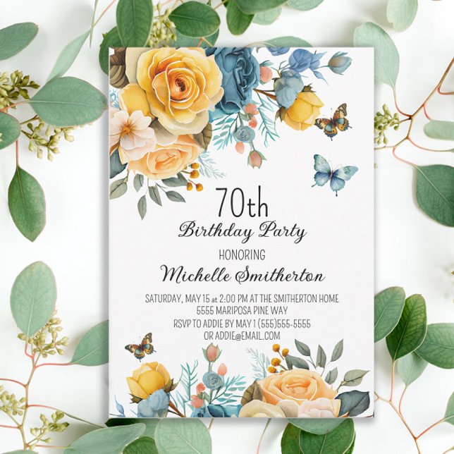 Convite Rosas Azuis Amarelos Borboletas 70 Aniversário (Mustard yellow and dusty blue watercolor floral and butterflies women's 70th birthday party invite)