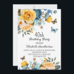 Convite Rosas Azuis Amarelos Borboletas aniversário de 40<br><div class="desc">convite de festas aniversário de 40 anos com belos rosas amarelos e azuis empoeirados com borboletas e flores de cor creme. Esses convites podem ser personalizados para qualquer um de qualquer idade. Entre em contato comigo para obter assistência com suas personalizações ou para solicitar outros produtos Zazzle correspondentes ou coordenadores...</div>