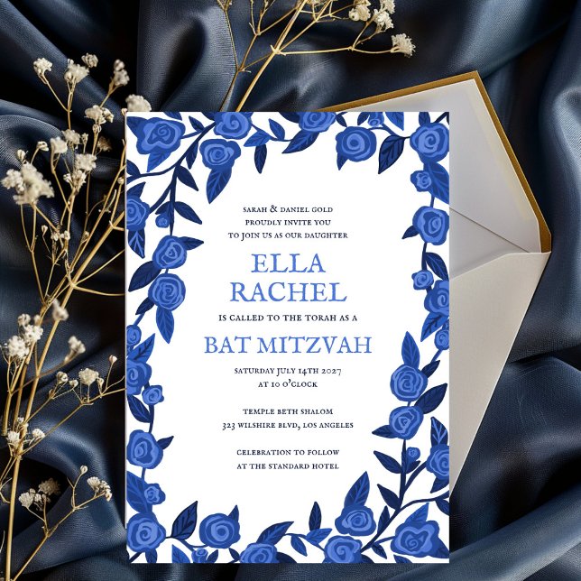 Convite Rosas Azuis - Bar Mitzvah Moderna - Personalizado (Blue Roses Bat Bar Mitzvah Modern Girl Custom Invitation
)