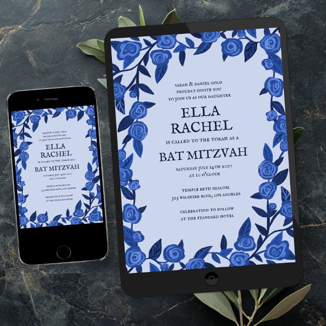 Convite Rosas Azuis - Bar Mitzvah Moderna - Personalizado (Blue Roses Bat Bar Mitzvah Modern Girl Custom Digital Evite  Invitation
)