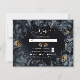 Convite Rosas Azuis Cinza Fumê & Caveiras RSVP de Casament