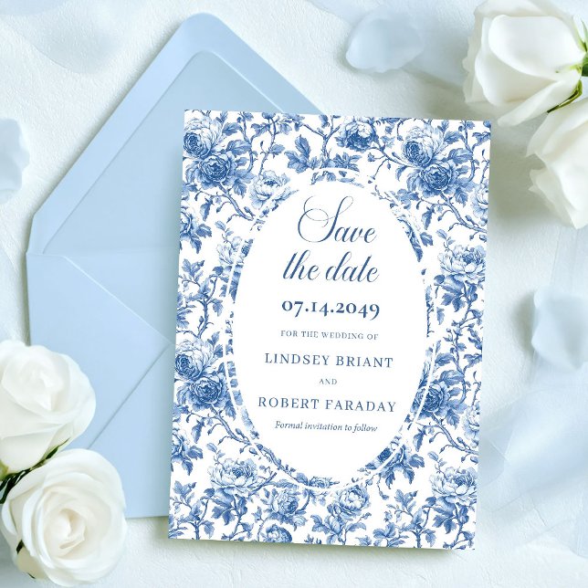 Convite Rosas Azuis Clássicas Toile Salva a Data Casamento (Classic Blue Roses Toile Save the Date Wedding Card)