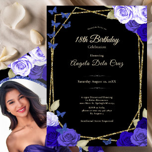 Convite Rosas Azuis Douradas e Pretas Elegantes para Debut