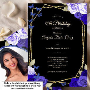 Convite Rosas Azuis Douradas e Pretas Elegantes para Debut