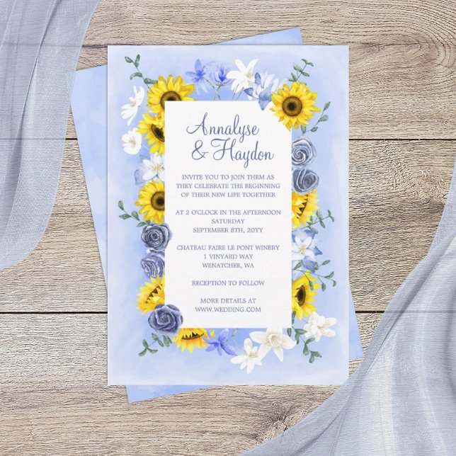 Convite Rosas Azuis Dusty, Casamento Amarelo de Girassóis (sunflowers and dusty blue rose wedding invitations, yellow gold sunflowers wedding theme)