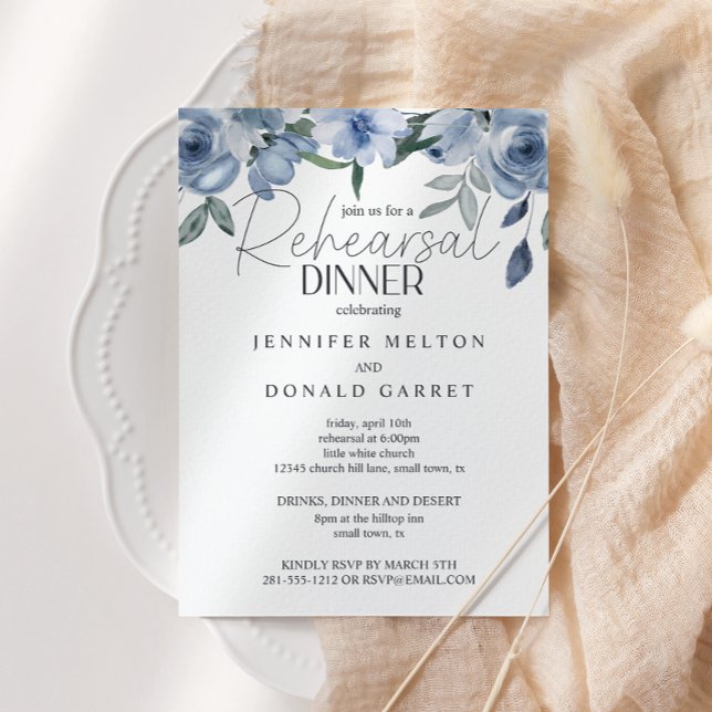 Convite Rosas Azuis Dusty Flores Janto de Ensaio de Casame (Criador carregado)