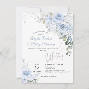 Convite Rosas Azuis Dusty PixDezines Faux Silver Glitter