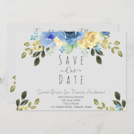 Convite Rosas Azuis e Amarelas em Cinza Suave