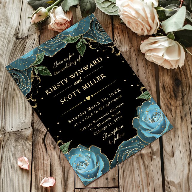 Convite Rosas Azuis e Douradas Casamento Floral (Criador carregado)
