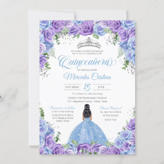Convite Rosas Azuis e Roxos e Prata Tiara Quinceanera