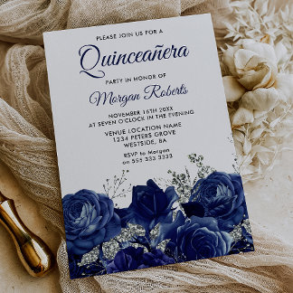 Convite Rosas Azuis Elegante Quinceanera Prata