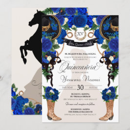 Convite Rosas azuis Elegante Western Charro Quinceañera