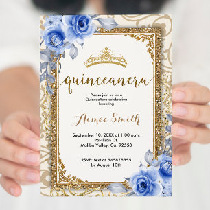 Convite Rosas Azuis Elegantes Dourados Florais Mis Quince