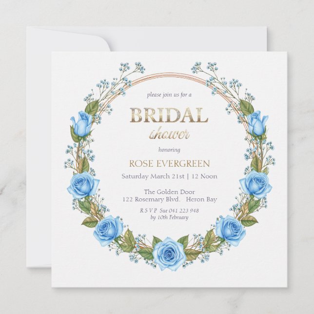 Convite Rosas Azuis Elegantes e Respiração do Bebê (Frente)