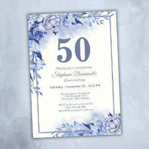 Convite Rosas Azuis Elegantes Florais Aniversário de 50 an