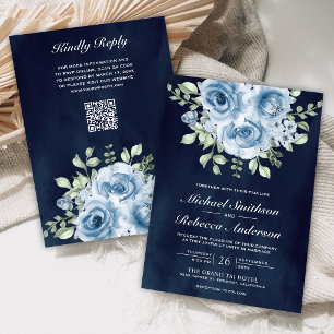 Convite Rosas Azuis Empoeiradas Código QR Casamento Navy