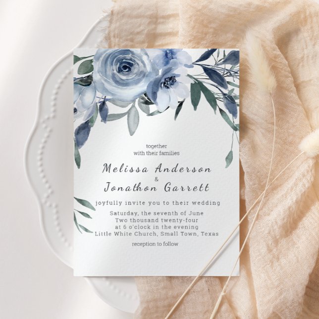 Convite Rosas Azuis Empoeiradas Flores Casamento Boho (Criador carregado)