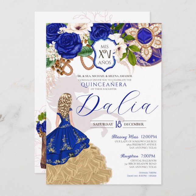 Convite Rosas azuis Floral Western Charro Quinceañera (Frente/Verso)