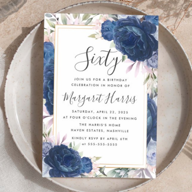 Convite Rosas Azuis Frame Dourado Floral 60º Sessenta Aniv (Criador carregado)