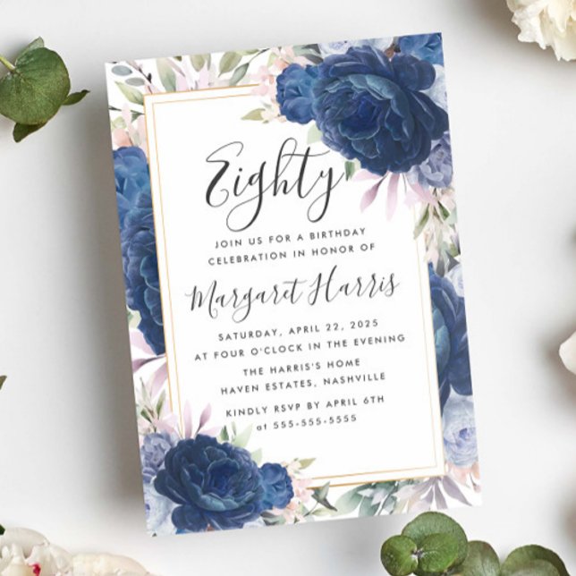 Convite Rosas Azuis Frame Dourado Floral 80 Oitavo Anivers (Criador carregado)
