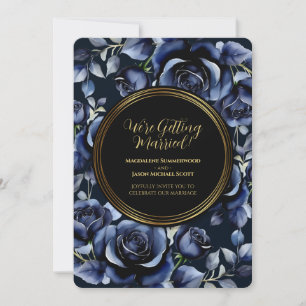 Convite Rosas azuis Marinho elegantes Quadro preto floral 