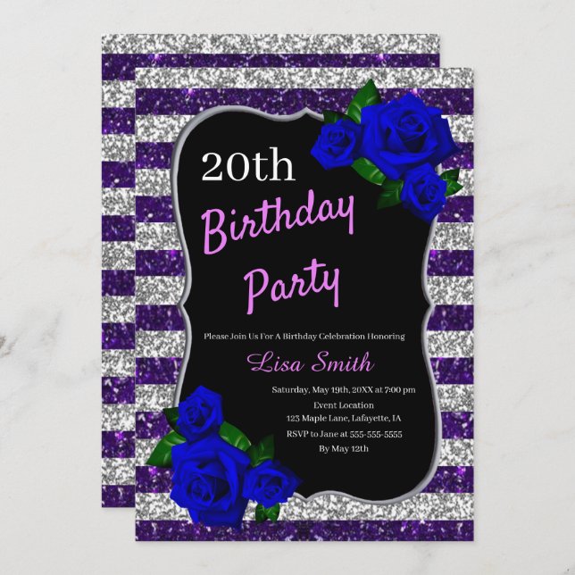 Convite Rosas Azuis Profundos Com Glitter Glitter (Frente/Verso)