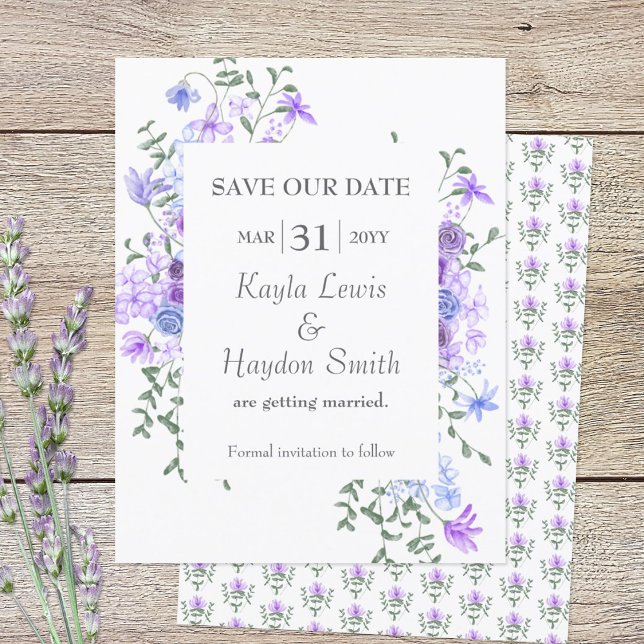 Convite Rosas Azuis Roxos e Azuis Claros Casamento Salvar  (lavender and dusty blue floral SAVE OUR DATE wedding card for a light purple springtime theme)
