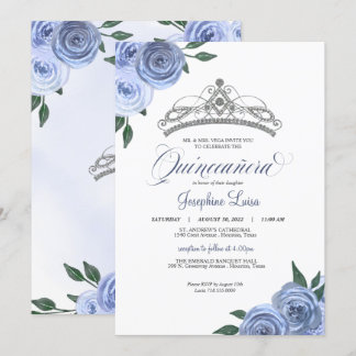 Convite Rosas Azuis Silver Floral Quinceañera Birthday Inv