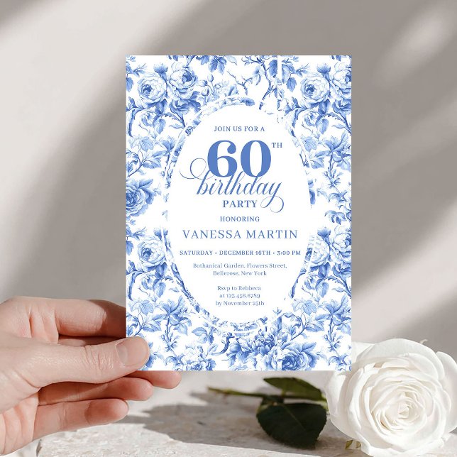Convite Rosas Azuis Sofisticadas Toile Floral 60 Aniversár (Sophisticated Blue Roses Floral Toile 60th Birthday)