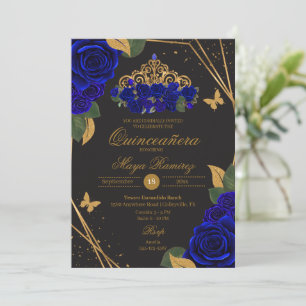 Convite Rosas Azuis Tiara Dourada Glitter Quinceañera