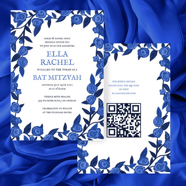 Convite Rosas Azul Bar de Bat Personalizado Mitzvah Garota (Blue Roses Custom Bat Bar Mitzvah QR Code Girl Modern Invitation
)