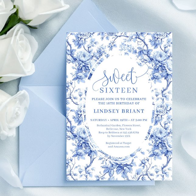 Convite Rosas Azul-Marinho Digital Floral Doce Dezesseis (Navy Blue Roses Digital Floral Sweet Sixteen)