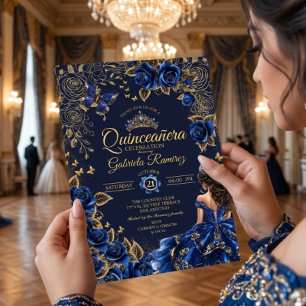 Convite Rosas Azul Marinho Tiara Dourada Quinceañera