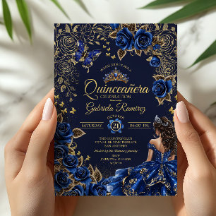 Convite Rosas Azul Marinho Tiara Dourada Quinceañera