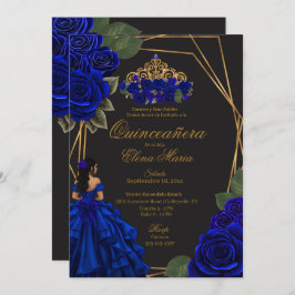 Convite Rosas Azul Negro Dourada Princesa Quinceañera