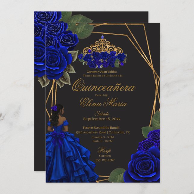 Convite Rosas Azul Negro Dourada Princesa Quinceañera (Frente/Verso)