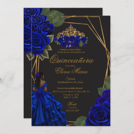 Convite Rosas Azul Negro Dourada Princesa Quinceañera