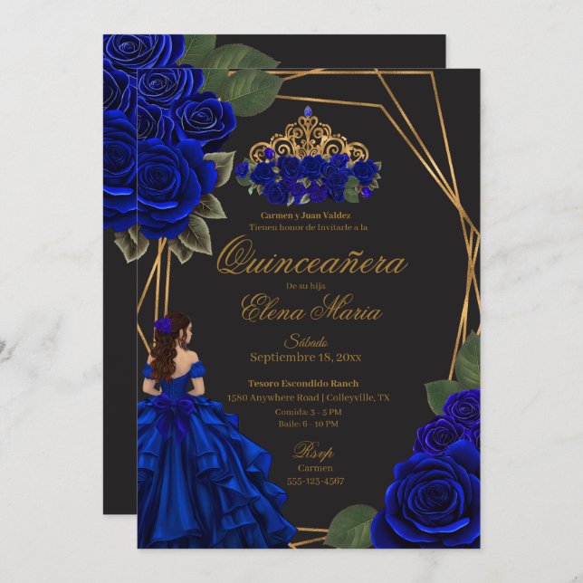 Convite Rosas Azul Negro Dourada Princesa Quinceañera (Frente/Verso)