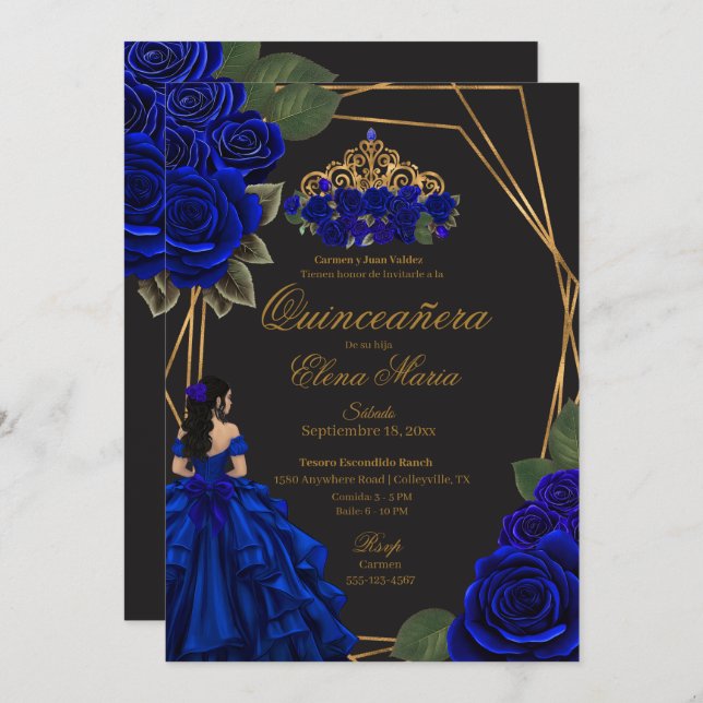 Convite Rosas Azul Negro Dourada Princesa Quinceañera (Frente/Verso)