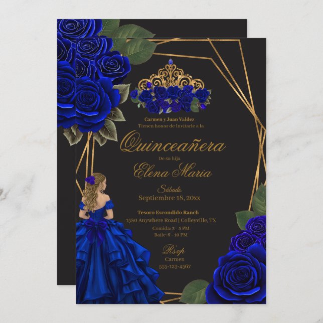 Convite Rosas Azul Negro Dourada Princesa Quinceañera (Frente/Verso)