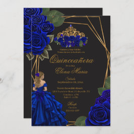 Convite Rosas Azul Negro Dourada Princesa Quinceañera
