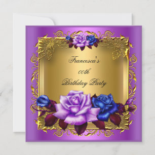 Convite Rosas Azul Roxo Dourado Festa de Aniversário Elega