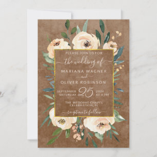 Convite Rosas Bege Bege Floral Casamento Dourado Marrom
