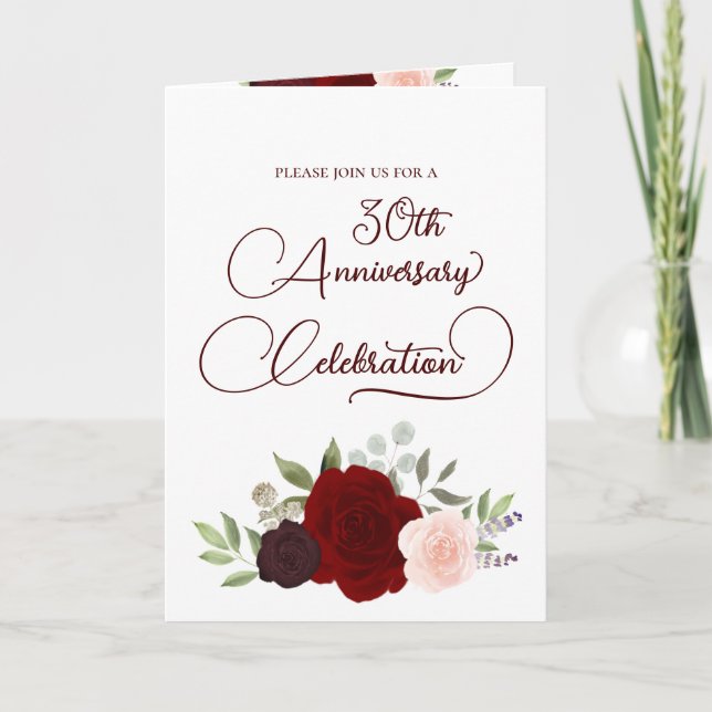 Convite Rosas Bege Borgonha 30º Aniversário de Casamento (Frente)