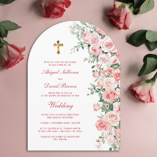 Convite Rosas Bege de Pêssego Arco Casamento Religioso