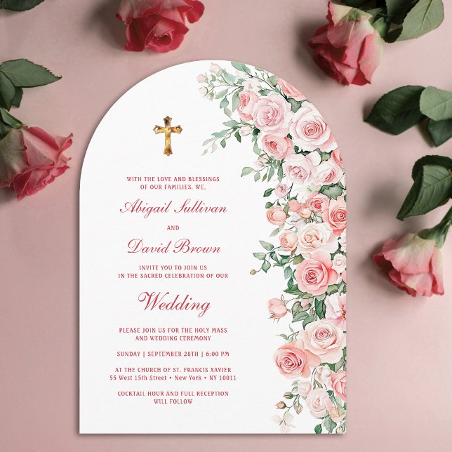 Convite Rosas Bege de Pêssego Arco Casamento Religioso (Criador carregado)