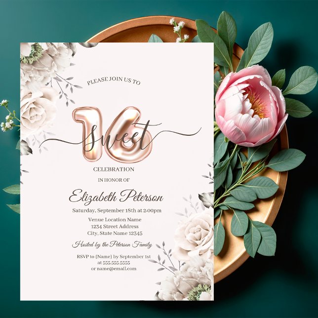 Convite Rosas Bege Elegantes Rosadas Sweet 16 (Criador carregado)