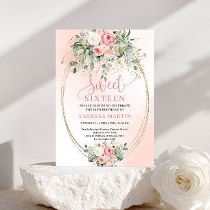 Convite Rosas Bege Elegantes Script 16º Aniversário