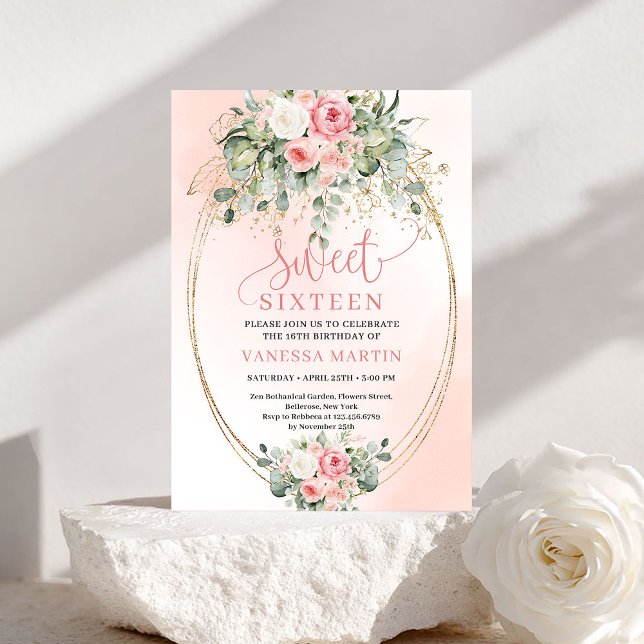 Convite Rosas Bege Elegantes Script 16º Aniversário  (Stylish Blush Roses Gold Script 16th Birthday Invitation)