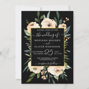 Convite Rosas Bege Floral Beijo em Preto Casamento